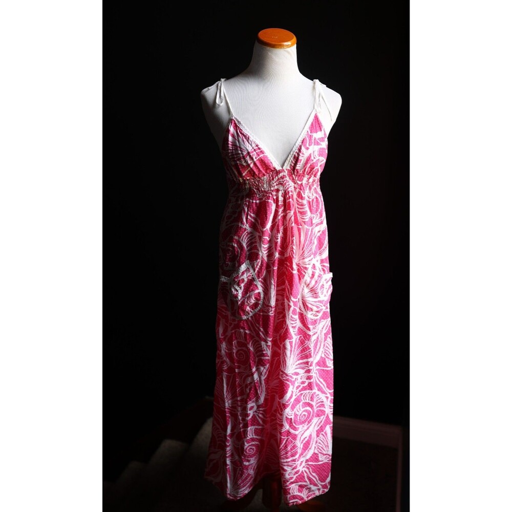 Lilly Pulitzer Pink & White Seashell Tie Strap Maxi Dress Beachy Coastal Pockets